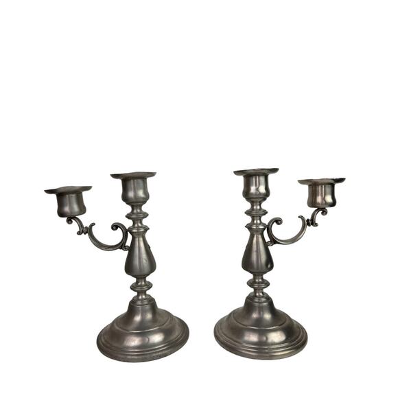 Vintage American Pewter Silver Stainless Steel Decor 2 Candle Holder Stick Set - Picture 1 of 12
